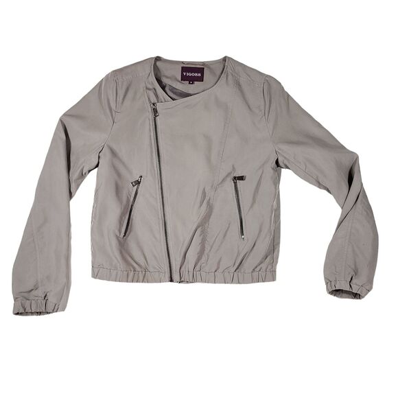 Vigoss Moto Jacket S Women Gray Double Asymmetric Zippers Pockets Lined Modal - Picture 2 of 11